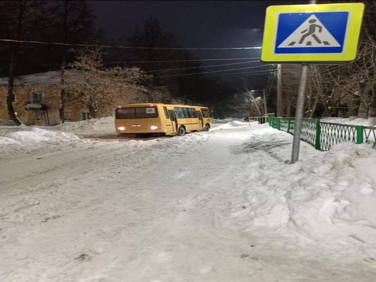 В городе Рязани на улице Предзаводской в снегу застрял школьный автобус