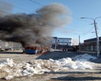 Днем в четверг, 7 марта, в Рязани сгорел троллейбус возле 11 больницы