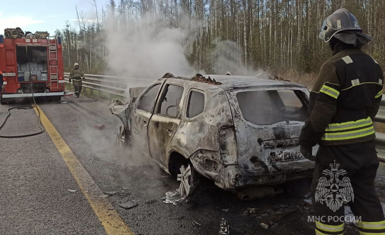 После аварии на трассе М-11 в Новгородской области загорелась легковушка