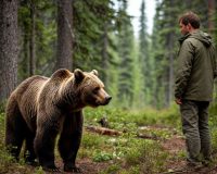 Человек в лесу смотрит на медведя